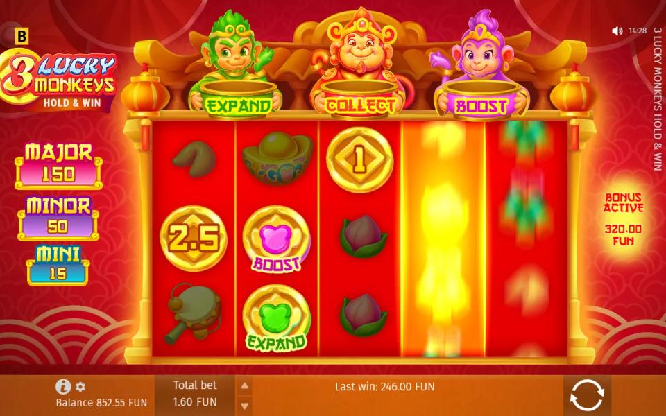 The triggering spin with the Expand, Collect and Boost coins all on the reels at once, alongside ordinary coins marked 2.5 and 1.