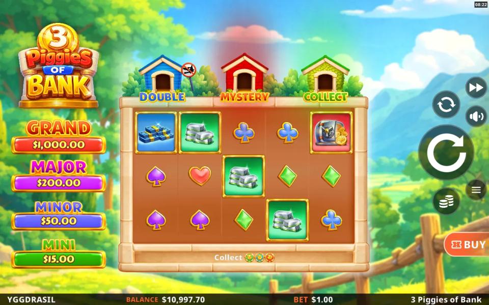 Base game grid with three silver bar symbols running down the middle of the reels for no win, and the three piggy banks above