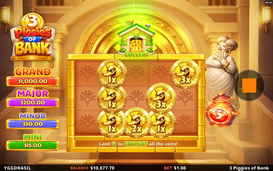 Coin round in progress with six wolf coins locked in place showing 1x, 2x, 3x and 5x values and five respins remaining