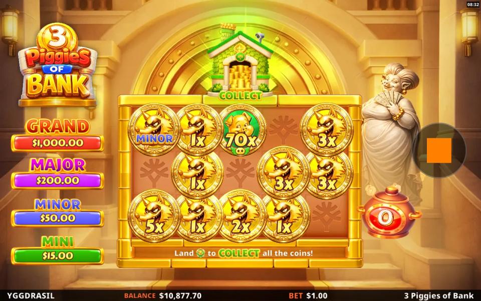 Coin round ending with eleven of fifteen positions filled, a Minor prize coin and a green Collect coin showing seventy times bet