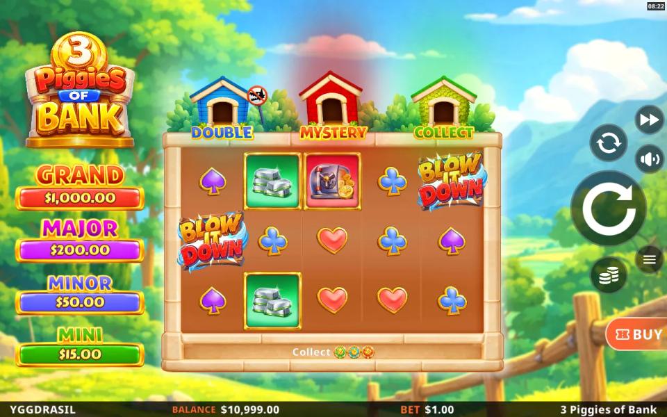 Base game with two Blow It Down scatter symbols on reels one and five and no third scatter