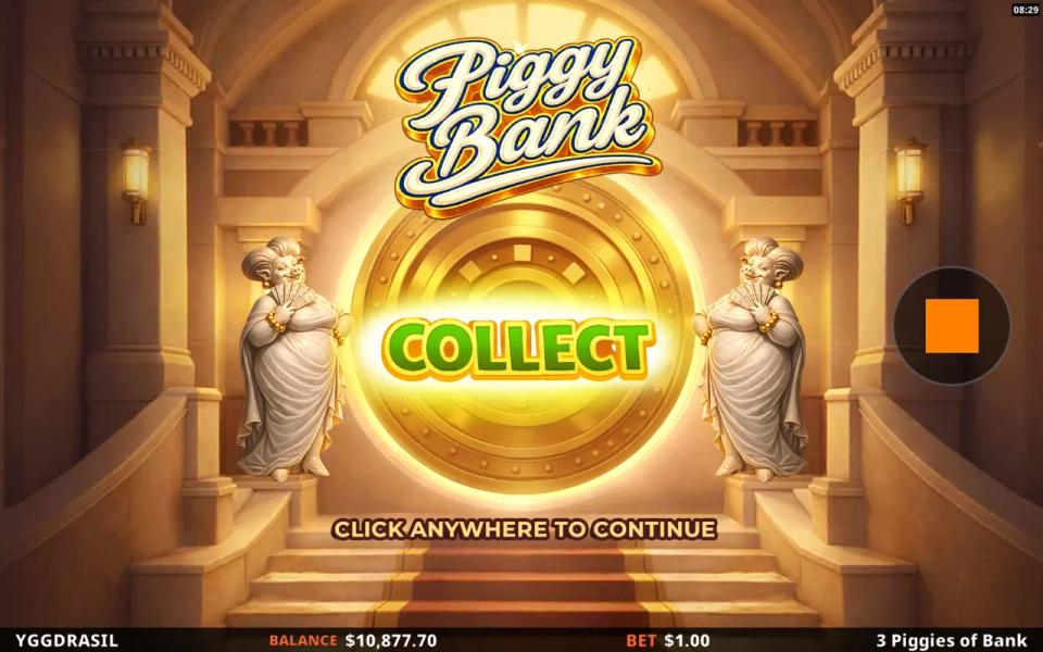 Bonus intro screen showing a marble banking hall with pig statues and a gold coin reading Collect