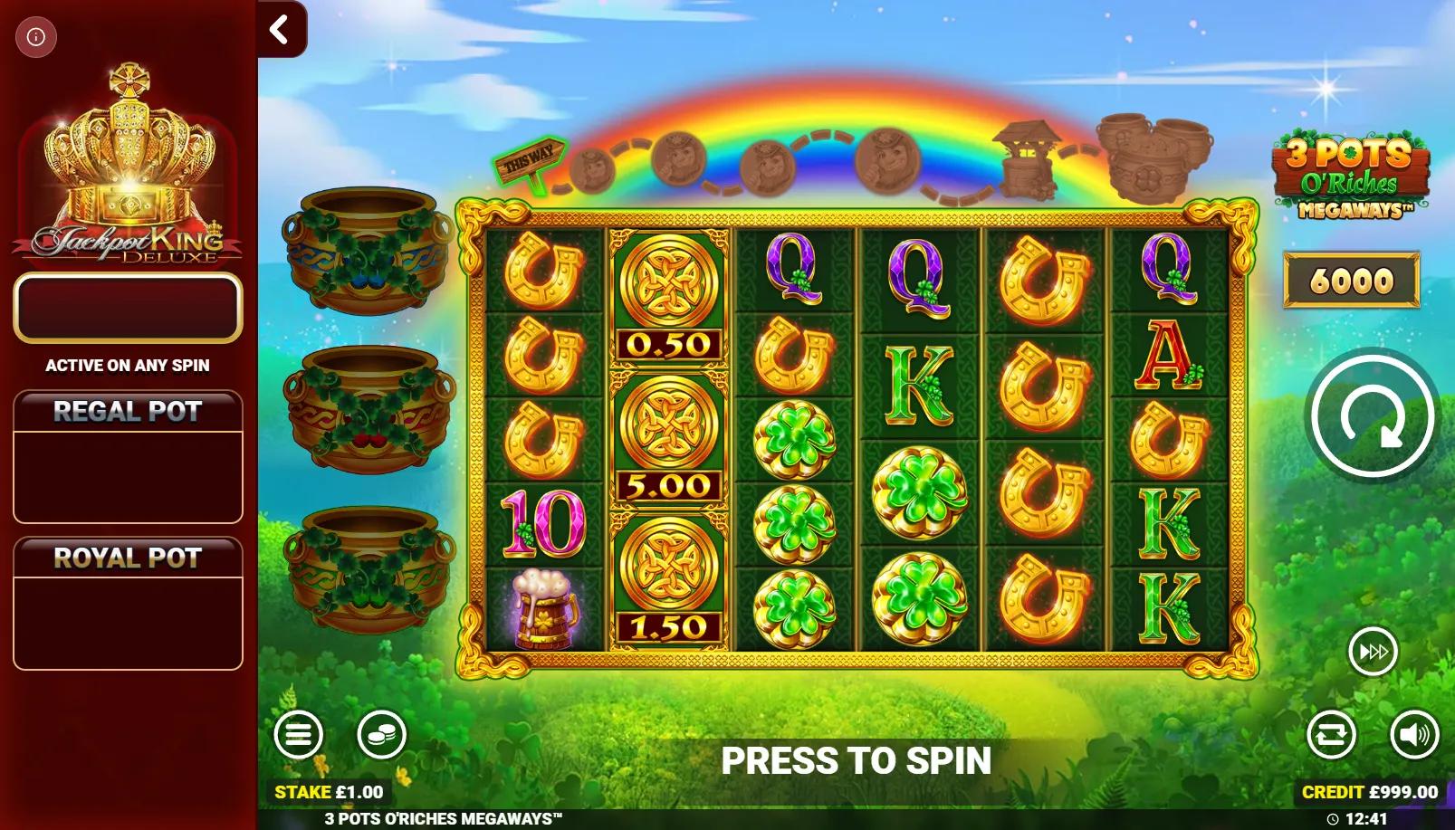 3 Pots O Riches Megaways slot gameplay showing the 6-reel Megaways grid with Irish symbols, three pots of gold, rainbow and Jackpot King Deluxe pots