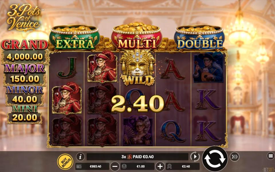 3 Pots of Venice 5x3 reels with red signor symbols and a golden mask wild paying across six paylines