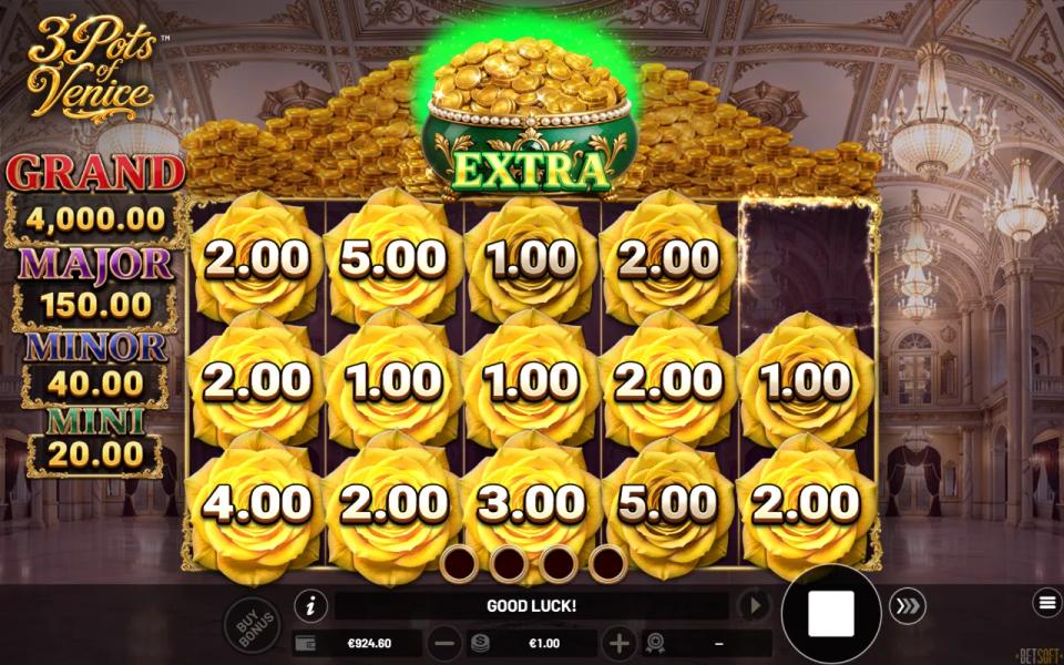 3 Pots of Venice Hold and Win board with fourteen of fifteen positions filled and the top of reel five empty