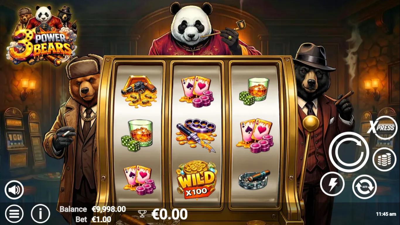 3 Power Bears by AvatarUX slot gameplay showing 3x3 grid with mafia bears, whiskey, dynamite and Wild x10 multiplier symbol