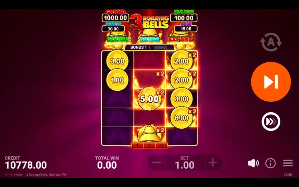 3 Roaring Bells: Hold and Win bonus game on the expanded 3x5 grid, gold Bells with cash values on the outer reels, a collector on the middle reel and x2 marks on six cells