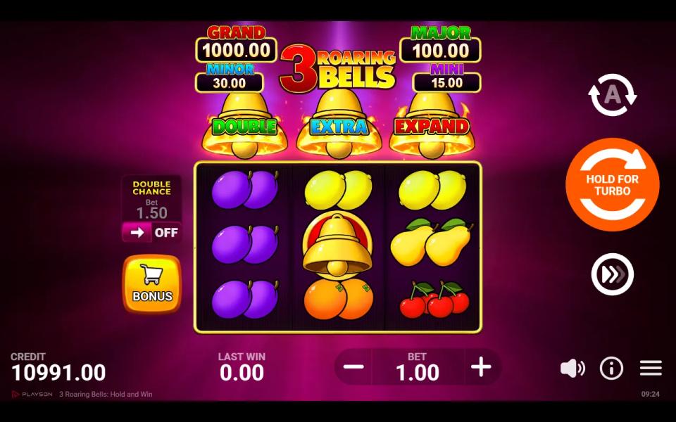 3 Roaring Bells base game 3x3 board with a red Special Bell in the middle of reel 2 and fruit on the outer reels