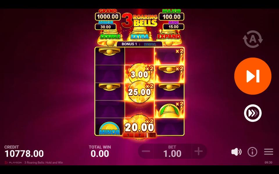 3 Roaring Bells bonus game with three collectors stacked on the middle reel, each sitting on an x2 cell, while the outer reels respin