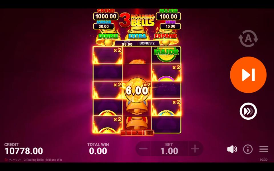 3 Roaring Bells Extra replay starting, a banner showing the first bonus total and Bonus 2, a single collector on reel 2 and x2 marks in new positions