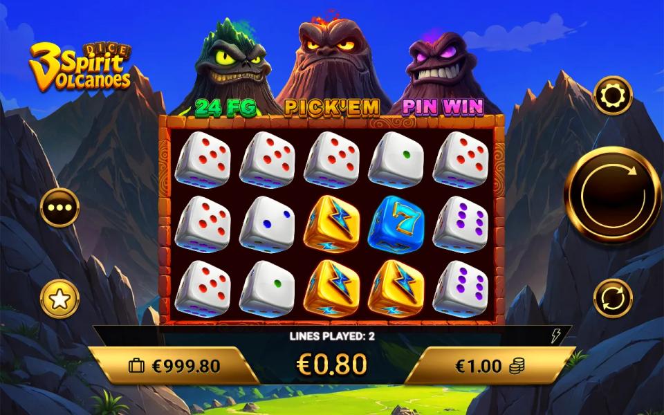 5x3 grid of dice symbols in 3 Spirit Volcanoes Dice paying 0.80 across two paylines on a 1.00 stake