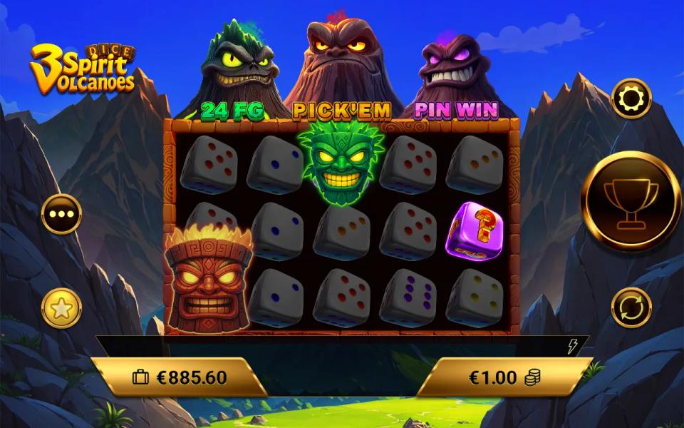 The Random Bonus pick in 3 Spirit Volcanoes Dice, a green tiki mask revealed to award the Free Games round