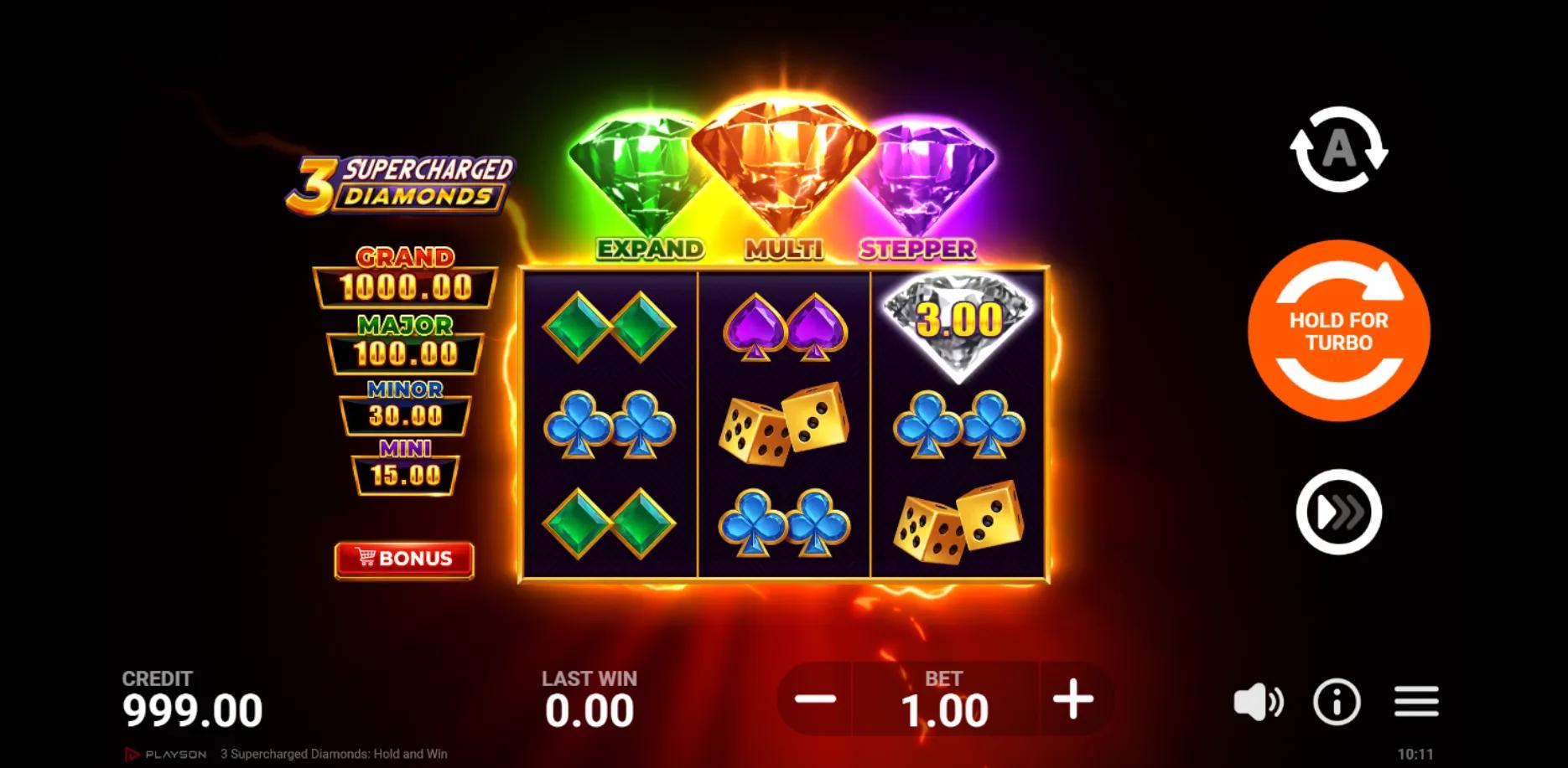 3 Supercharged Diamonds: Hold and Win slot gameplay screenshot