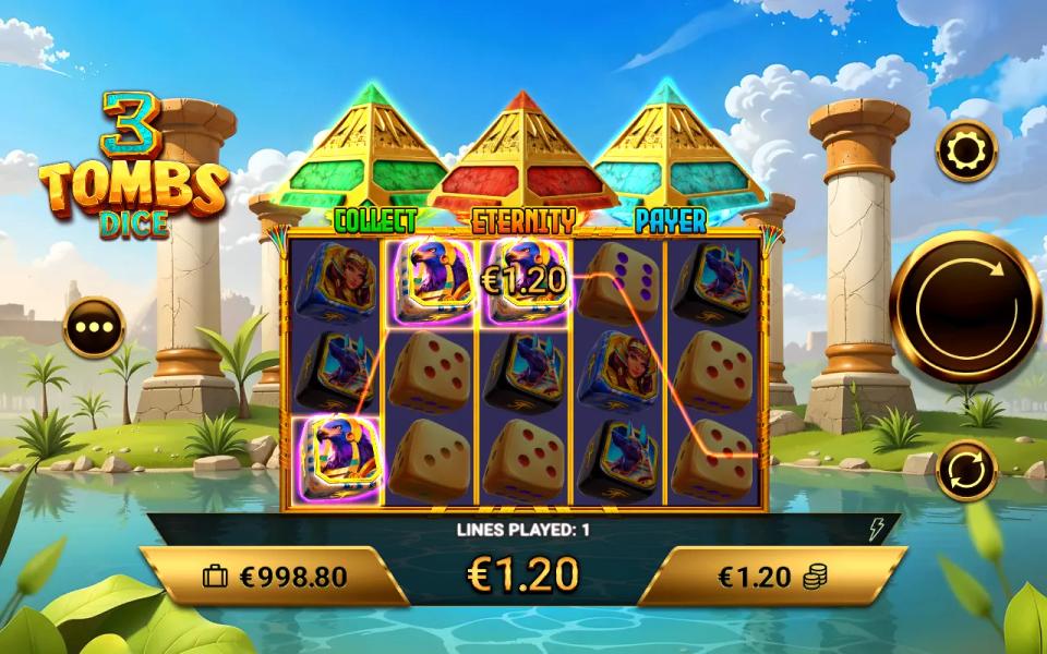 5x3 grid of Egyptian dice symbols in 3 Tombs Dice with one payline paying 1.20 at a 1.20 stake