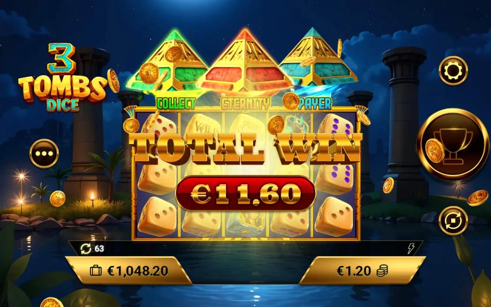 The total win screen closing the free games round in 3 Tombs Dice at 11.60