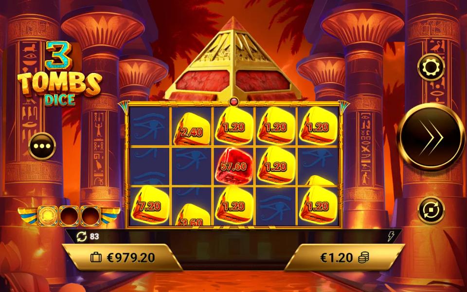 The Pin Win Eternity grid in 3 Tombs Dice, one red collector die holding 57.60 among nine smaller prize dice