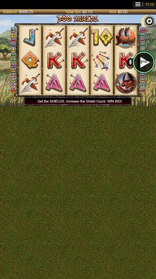 300 Shields slot gameplay showing 5x3 grid with Spartan Warrior wilds and a winning payline
