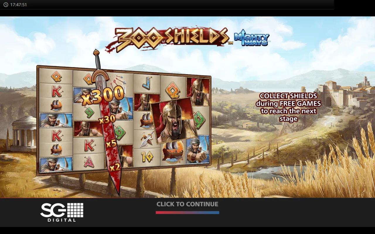 300 Shields Mighty Ways slot showing 6-reel cascade grid with x200 multiplier callout and Spartan warrior symbols