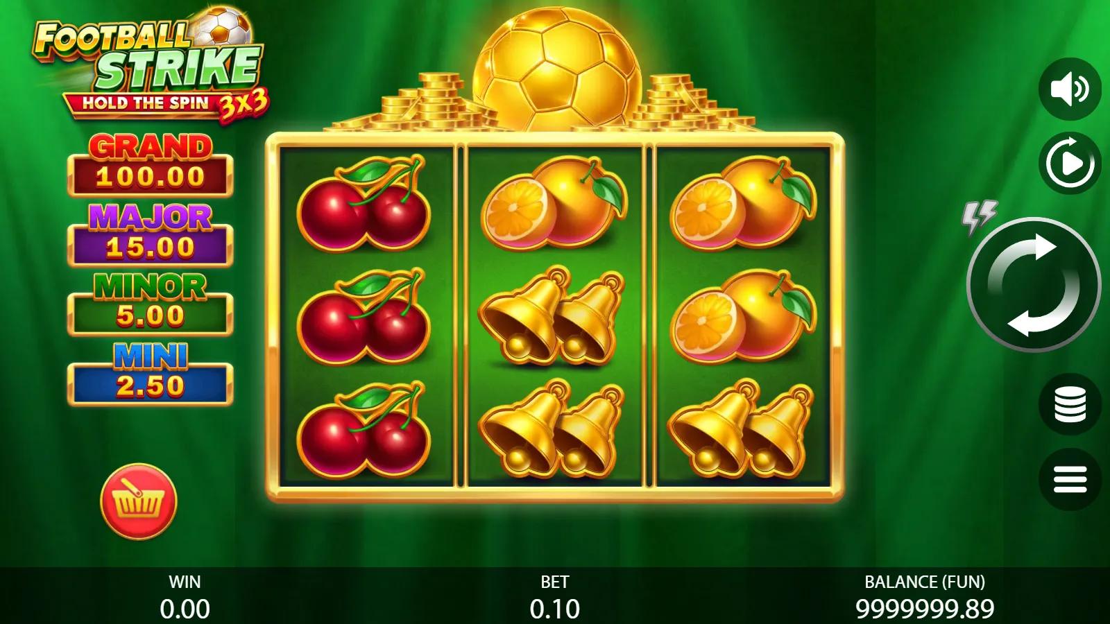 3x3 Football Strike slot gameplay showing the 3x3 grid with fruit symbols, soccer-ball collector and jackpot panel