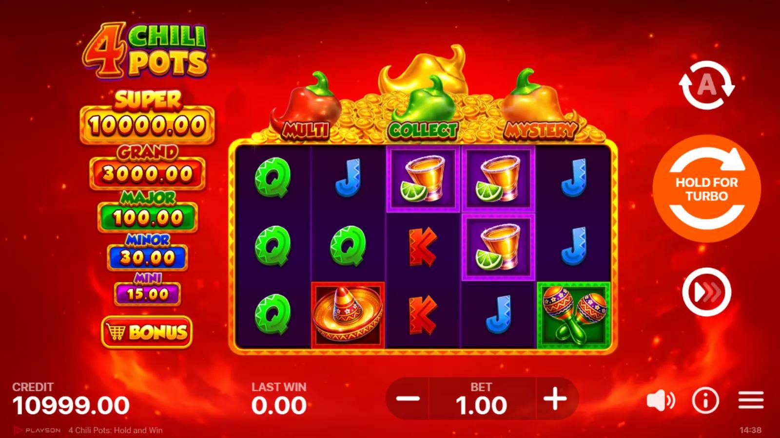 4 Chili Pots slot gameplay showing 5x3 Mexican fiesta grid with mariachi wild, chili coins and jackpot ladder