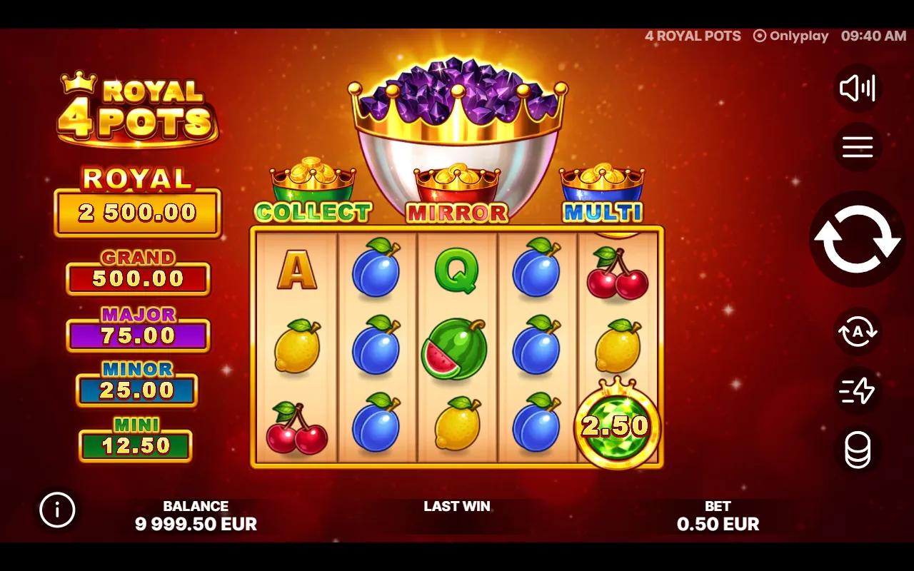 4 Royal Pots slot 5x3 fruit grid with a 2.50 bonus coin on reel 5 and the five-tier jackpot ladder lit