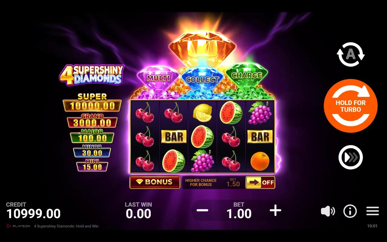 4 Supershiny Diamonds slot 5x3 reels with stacked cherries below the Multi, Collect and Charge diamonds