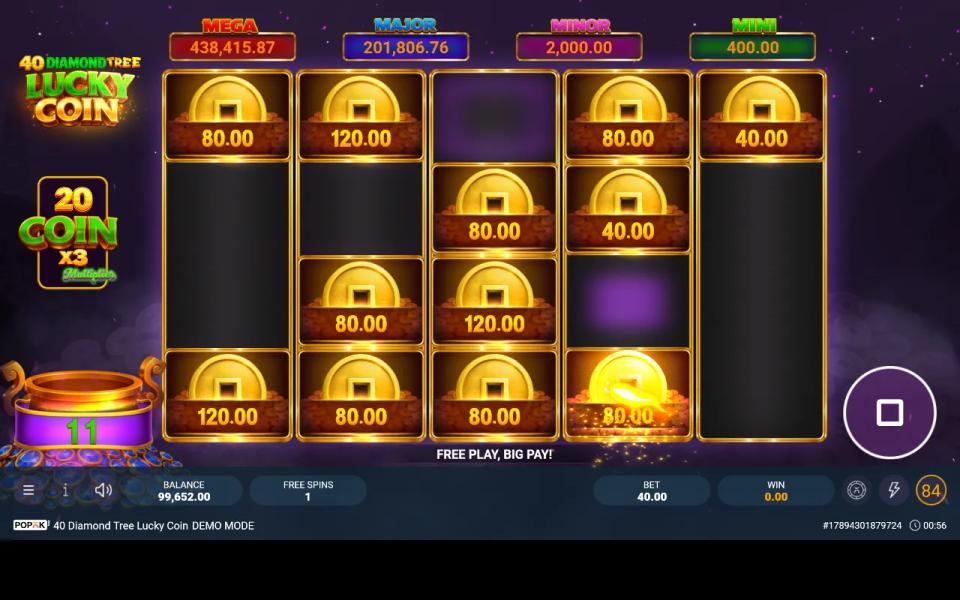 Eleven coin tiles locked across 40 Diamond Tree Lucky Coin's board with one free spin left