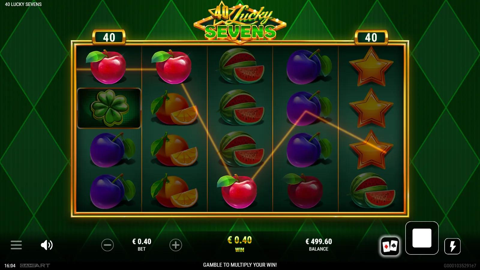 40 Lucky Sevens slot gameplay showing 5x4 grid with an expanding 7 Wild, clover and star scatters and fruit symbols