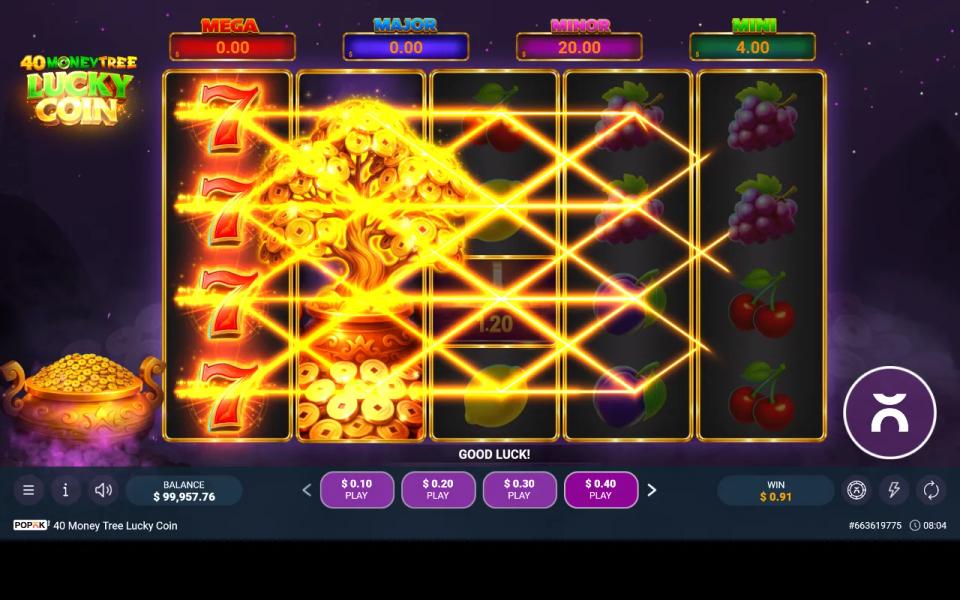 Four red sevens stacked down reel one and the Money Tree wild expanded over all four rows of reel two, with every payline lit