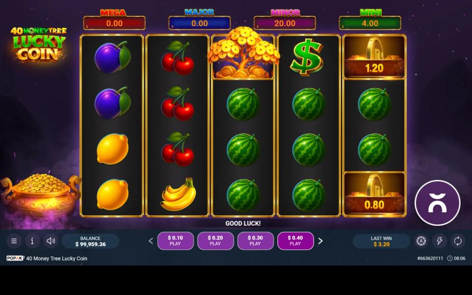 An unexpanded Money Tree wild on reel three, a single dollar scatter on reel four and two coins on reel five, in a losing spin