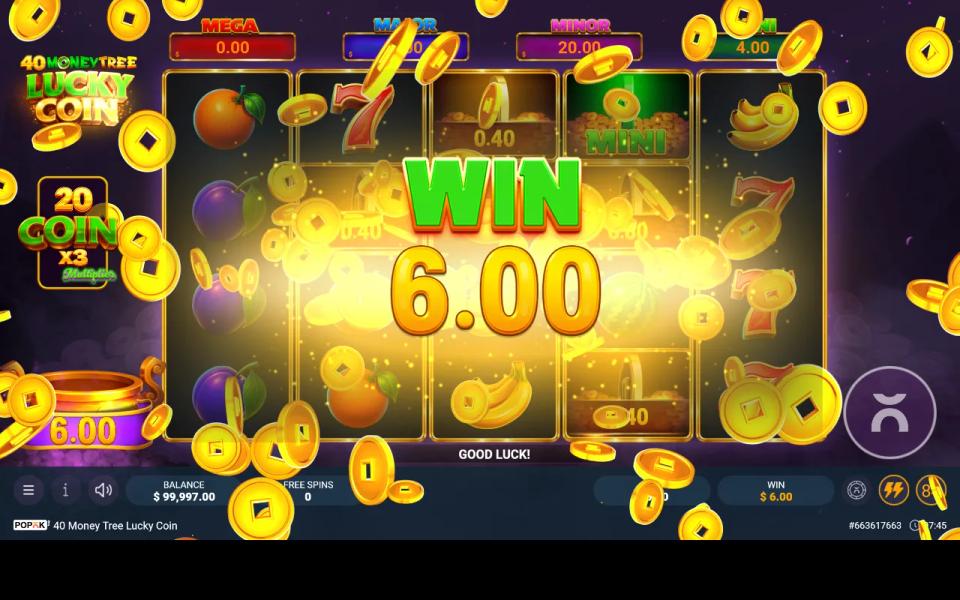 The Lucky Coin respin round closing on 40 Money Tree Lucky Coin with a win of 6.00, a MINI jackpot tile on the board and the twenty-coin x3 multiplier plaque beside the reels