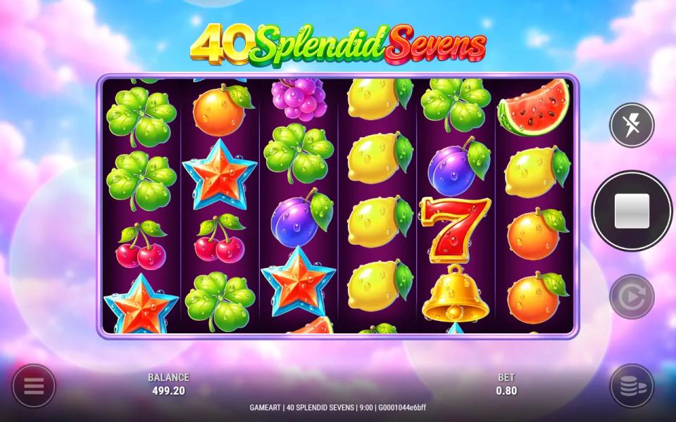 40 Splendid Sevens base game, six reels and four rows of glossy fruit with a single star scatter on the first reel