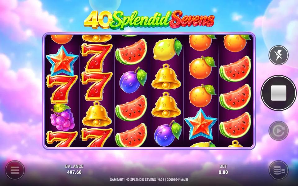 Five red seven wilds stacked across the first two reels of the six reel grid, with the balance unchanged