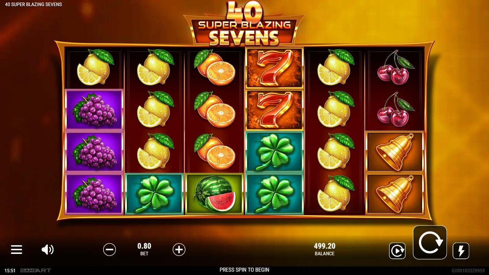 40 Super Blazing Sevens slot gameplay showing 6x4 grid with a flaming 7 Wild, watermelon, clover and fruit symbols