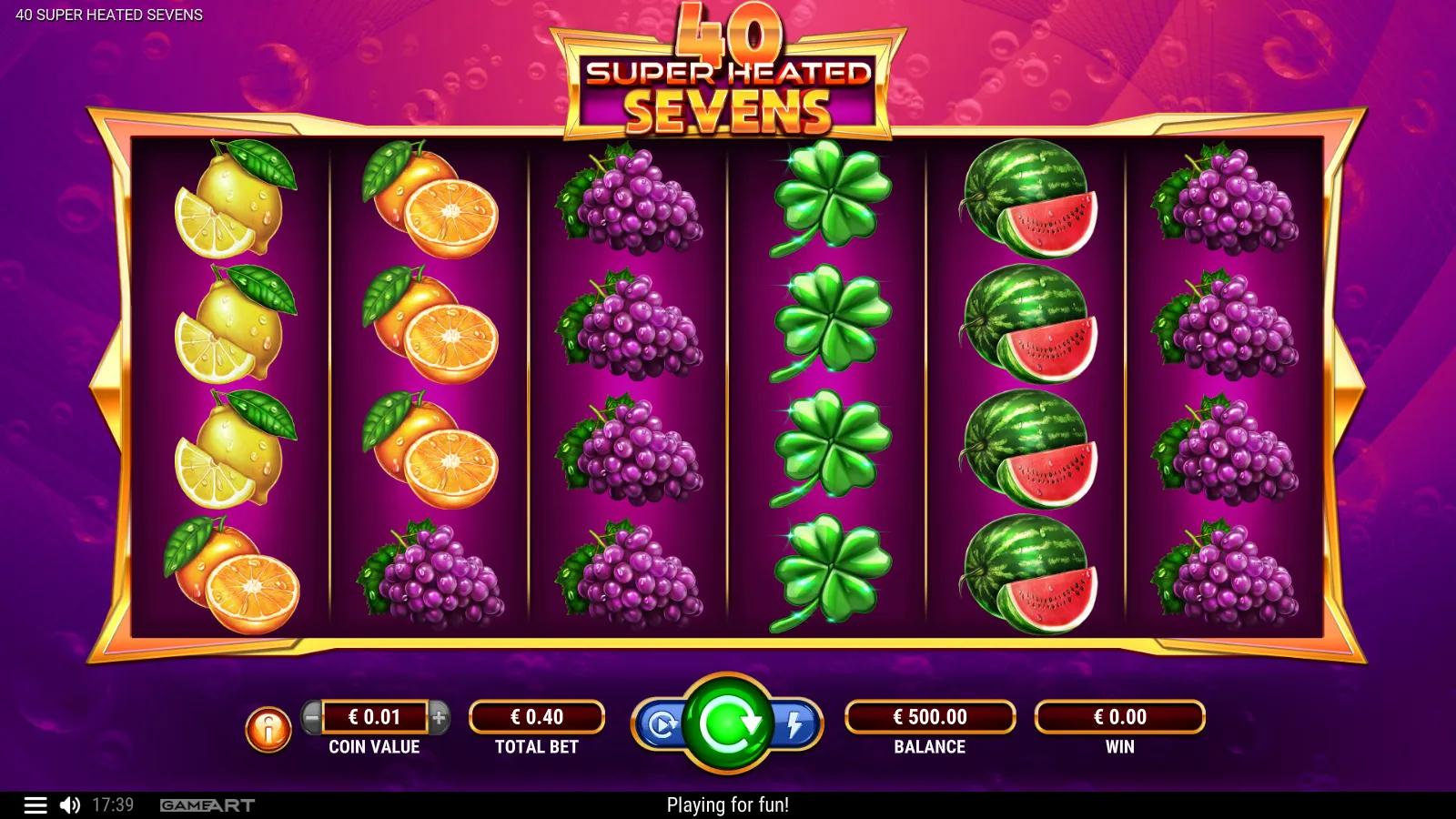 40 Super Heated Sevens slot gameplay showing the 6x4 fruit grid with watermelon, grapes, lemon and flaming red 7 Wild symbols