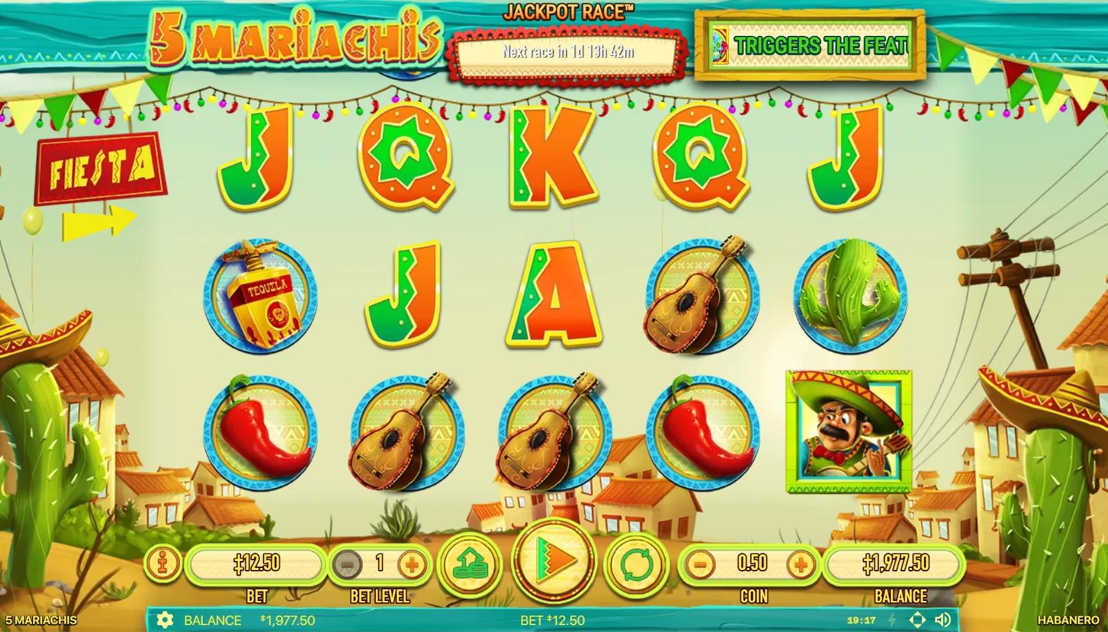 5 Mariachis slot gameplay showing 5x3 grid with mariachi band members, tequila, chili, guitar, cactus symbols, and sugar skull scatter on Mexican village backdrop