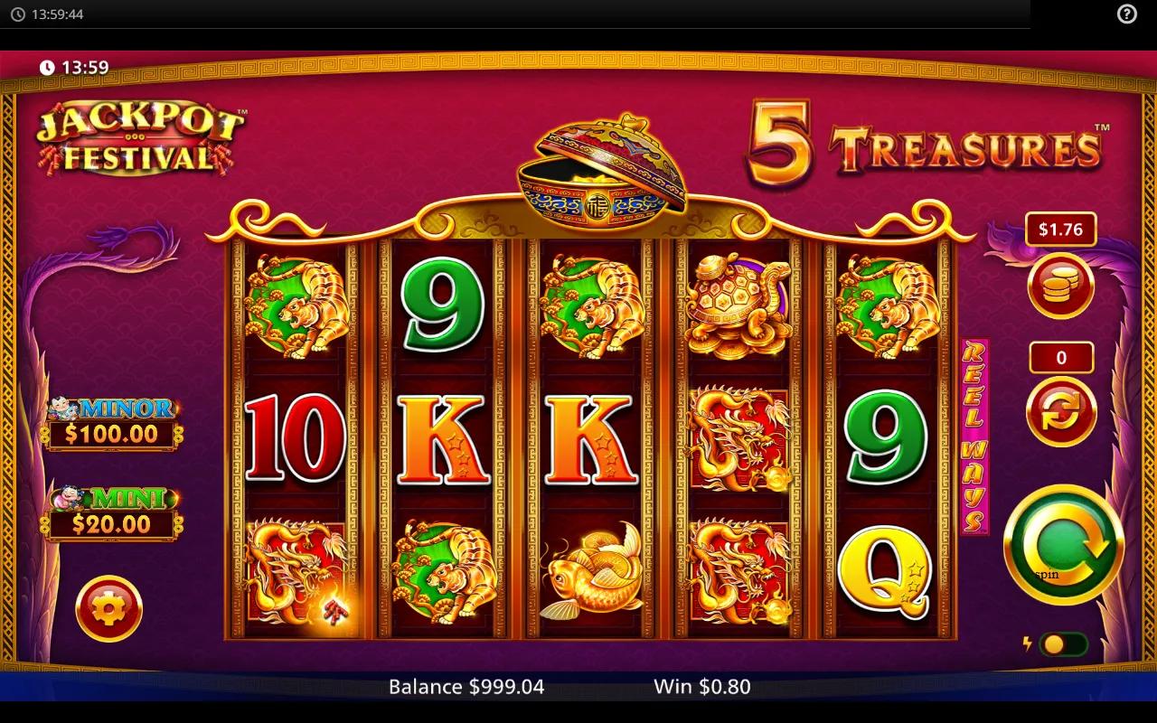 5 Treasures Jackpot Festival gameplay showing 5x3 grid with FU BAT wild and Jackpot Festival progressive meters