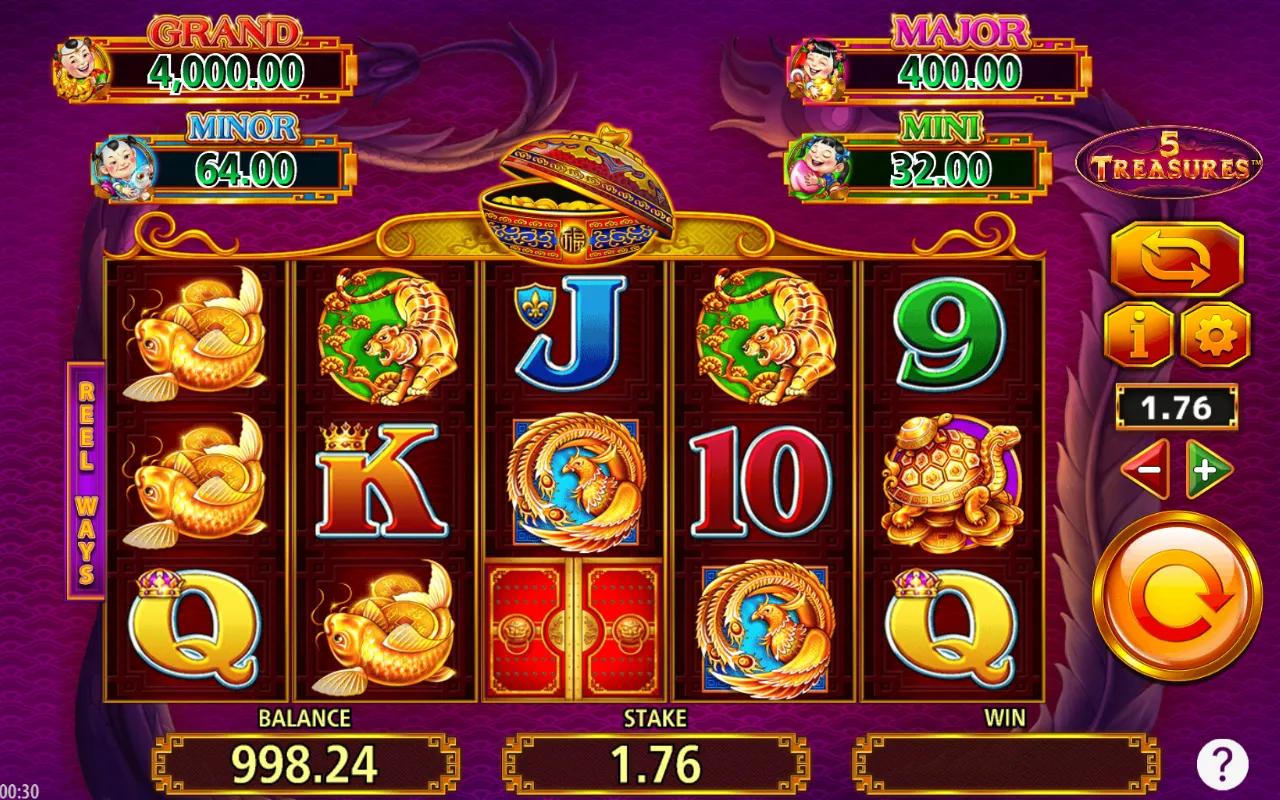 5 Treasures gameplay: 5x3 reels with golden zodiac symbols and 4-tier Fu Bat Jackpot ribbon above the pagoda frame.