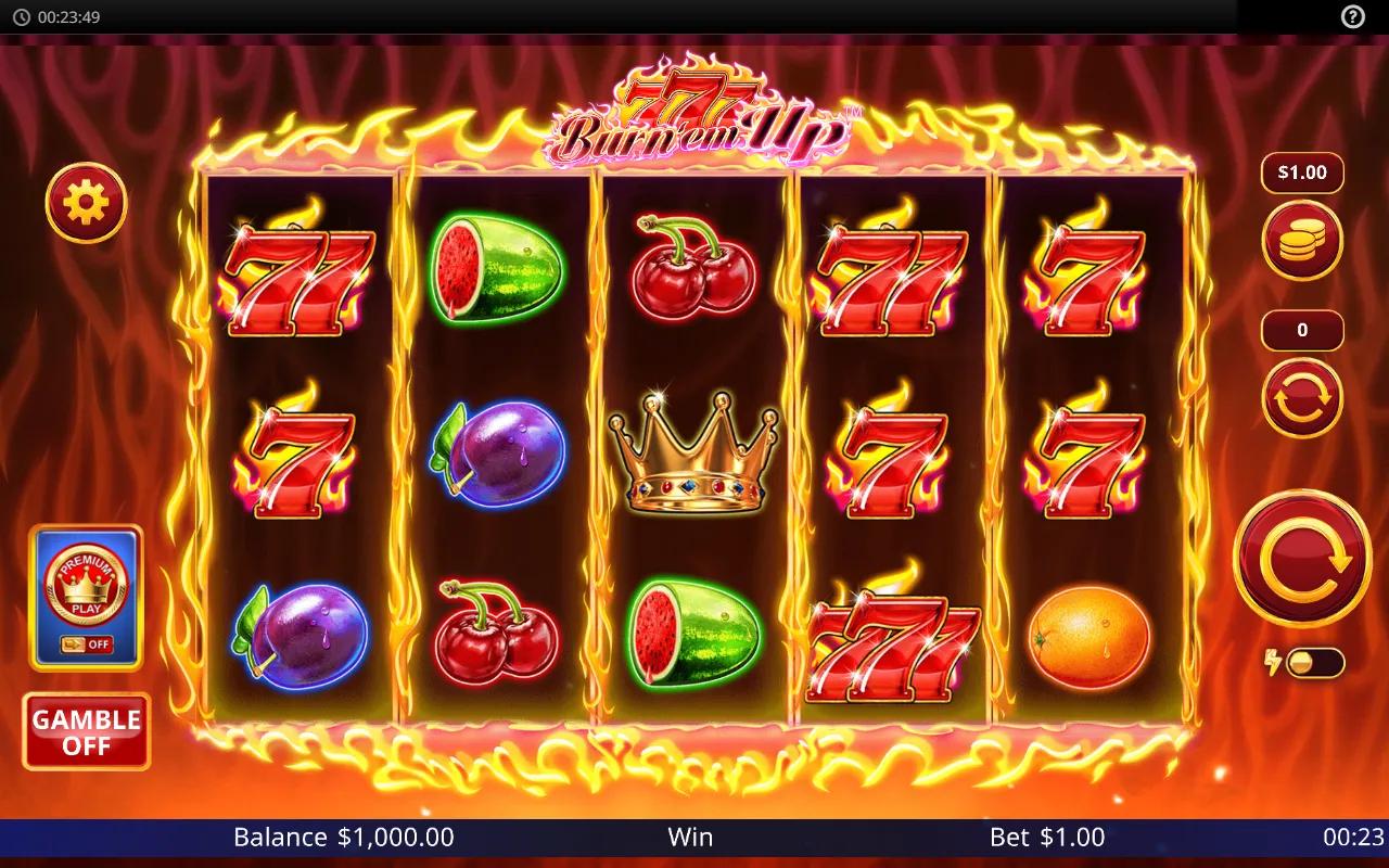 777 Burn 'em Up gameplay: 5x3 reels inside a flaming border with triple 7, double 77, gold crown and classic fruit symbols.