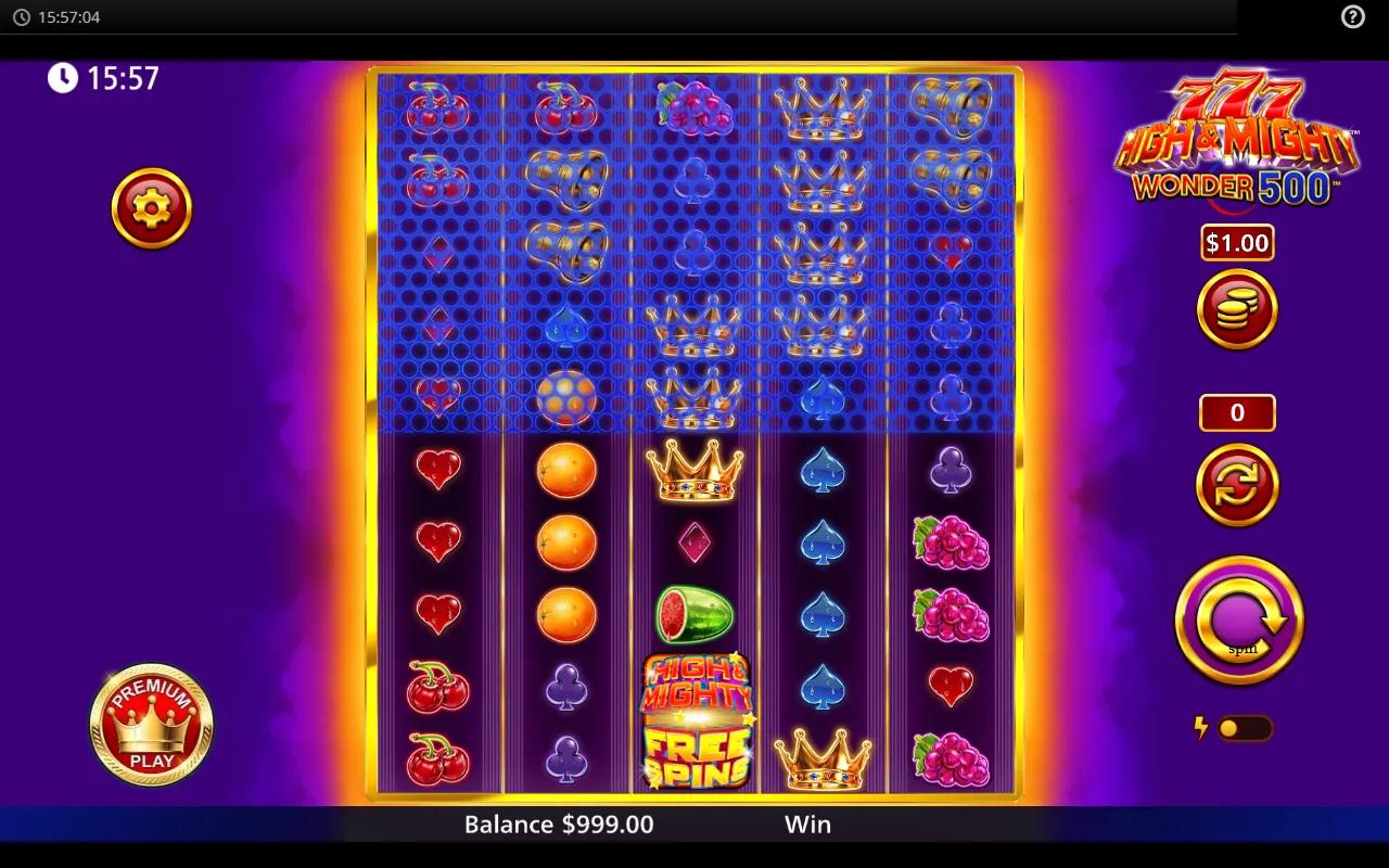 777 High and Mighty Wonder 500 gameplay showing 5x5 base reels with caged Mighty Reels upper section and BONUS scatter on reel 3