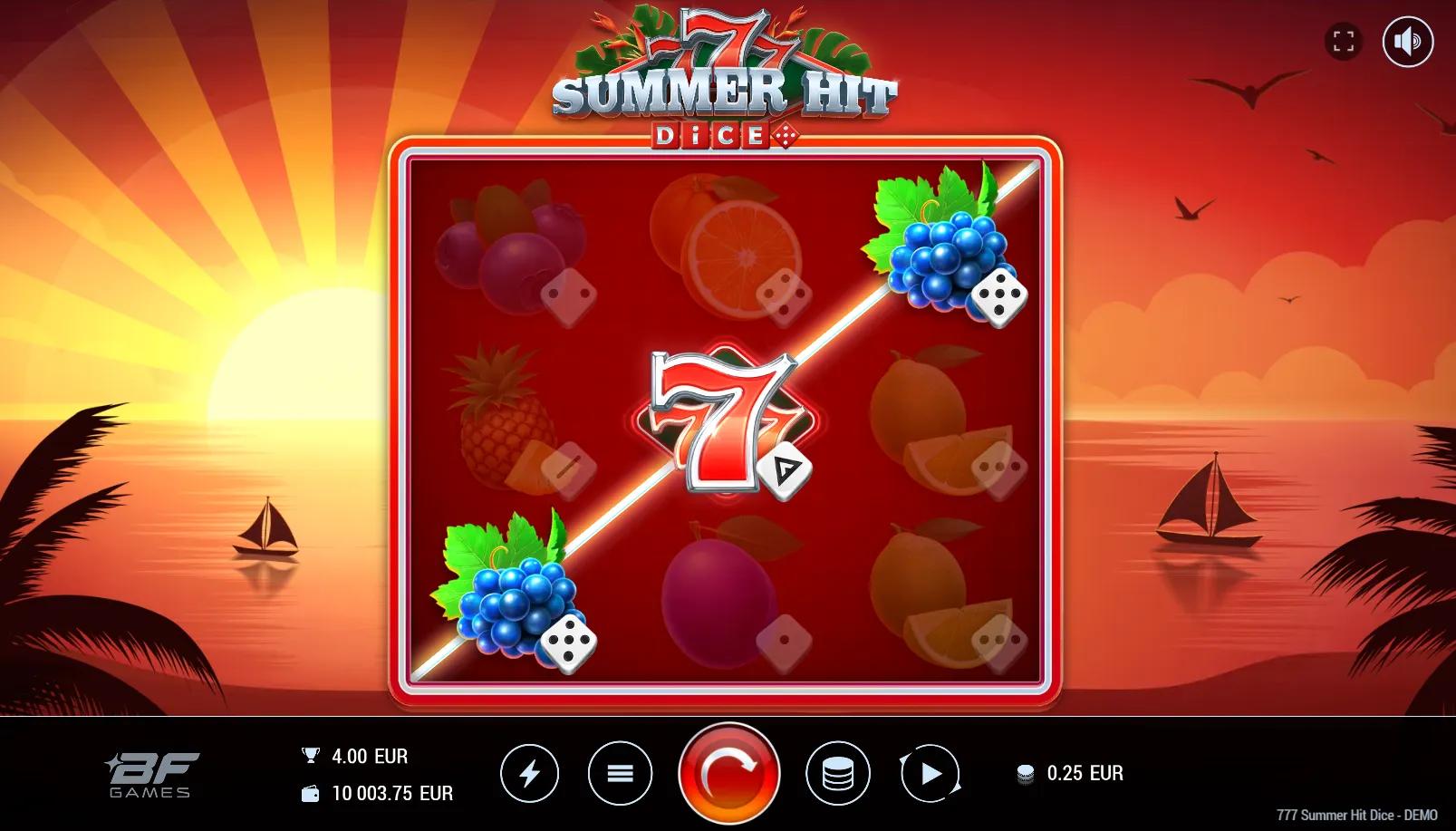 777 Summer Hit Dice slot gameplay showing 3x3 fruit reels with dice overlays and a tropical sunset background
