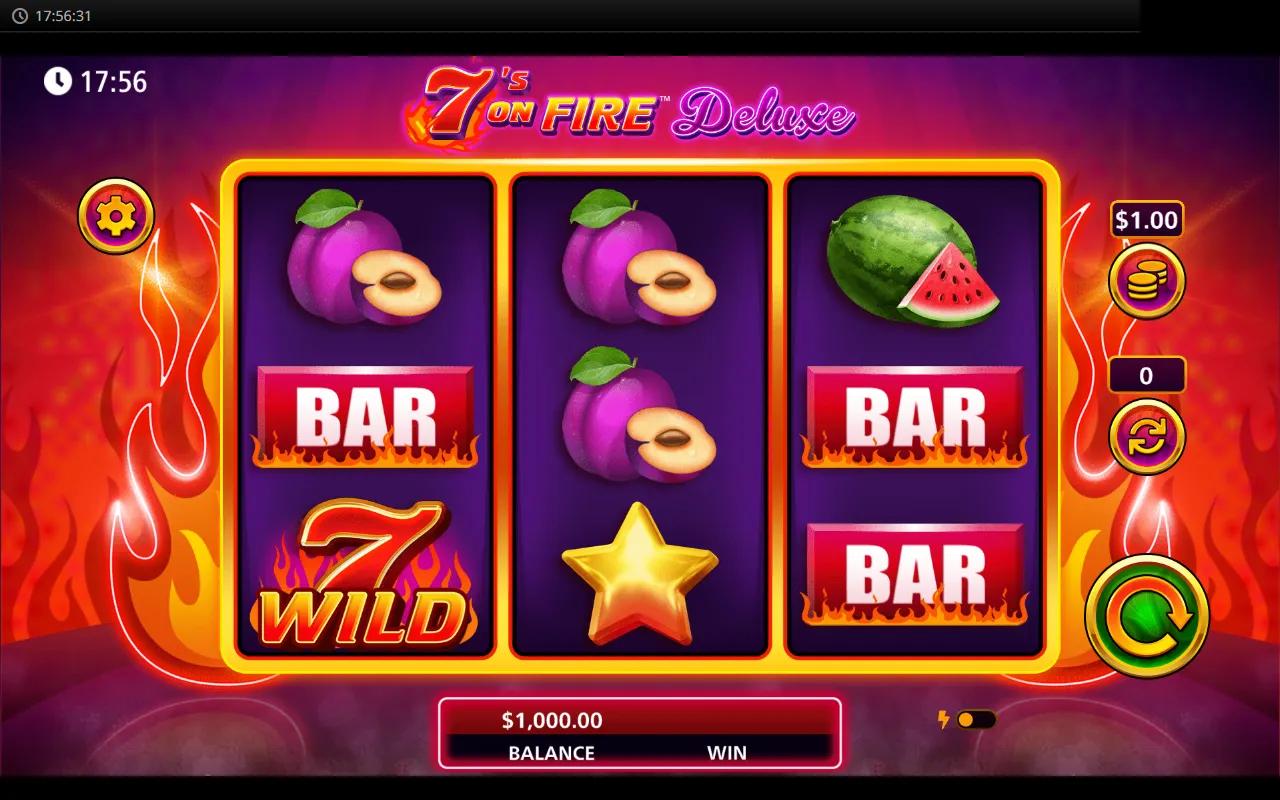 7s On Fire Deluxe slot showing 3x3 reels with WILD 7 symbol on reel 1 over a flaming neon backdrop