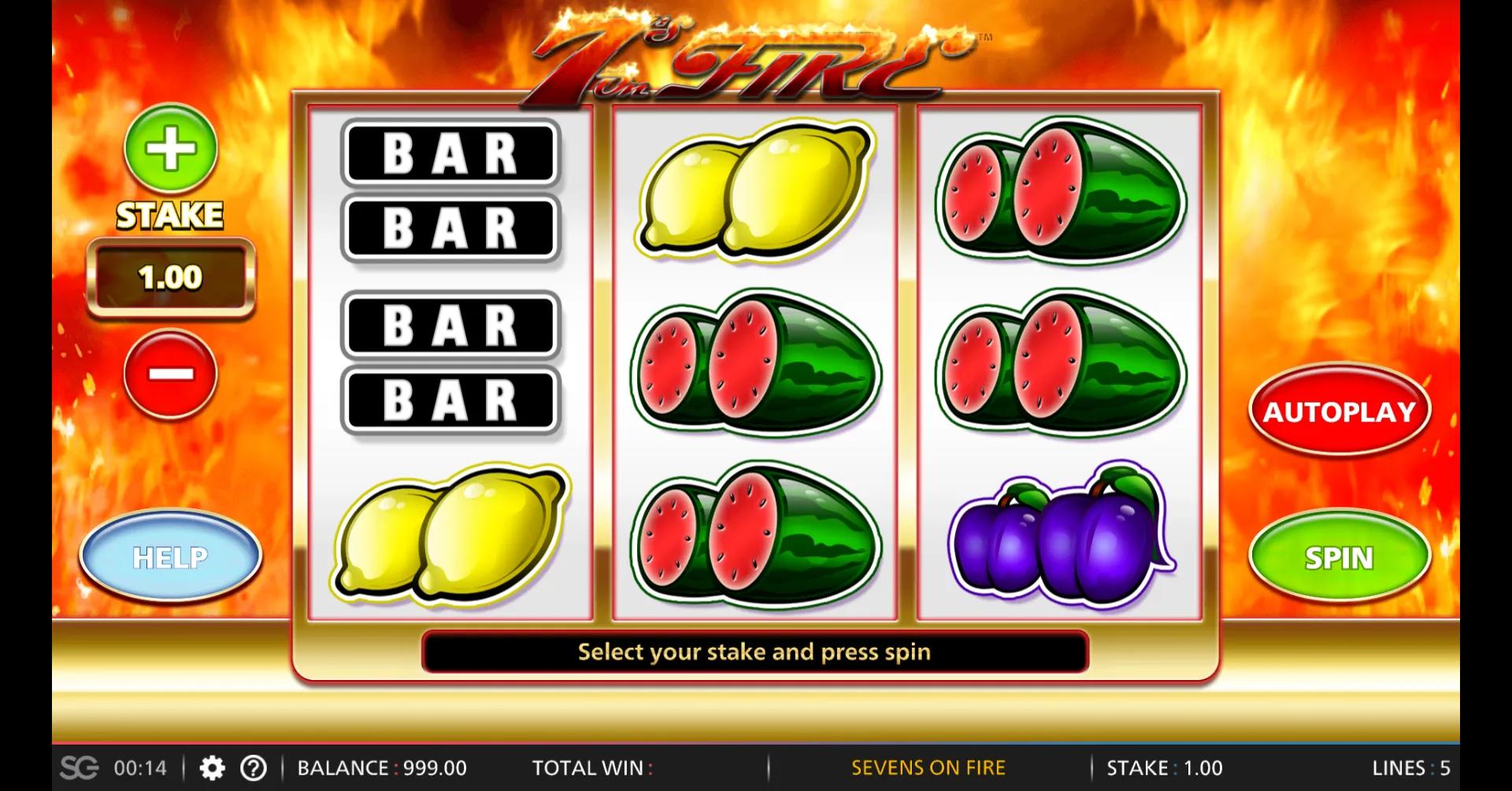 3x3 classic fruit machine reels showing BAR, lemons, watermelons and plums with flaming border