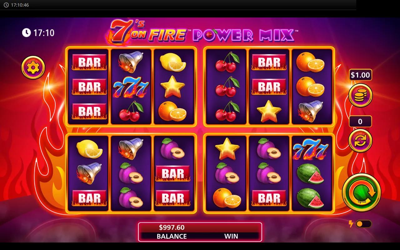 7s On Fire Power Mix slot showing four 3x3 reel arrays with flaming WILD 7 symbols and BAR/fruit lows