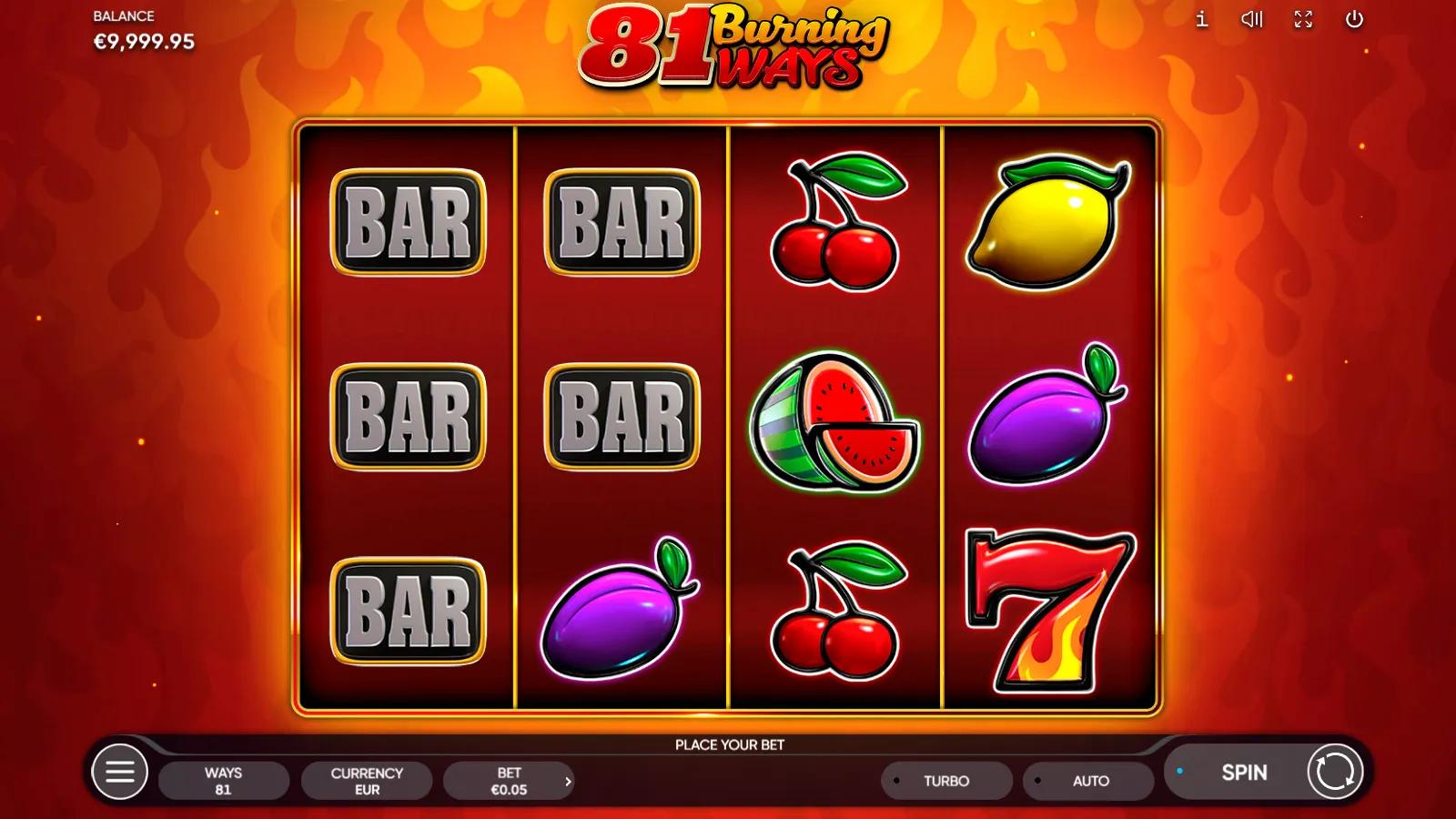 81 Burning Ways slot gameplay showing 4x3 fruit reels with BAR, cherries and watermelon symbols on a flame background