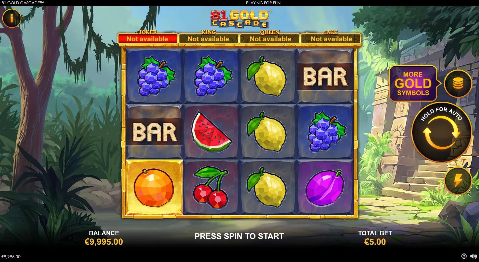 81 Gold Cascade slot gameplay showing 4x3 Aztec-temple grid with classic fruit symbols, WILDx2 and four progressive jackpots