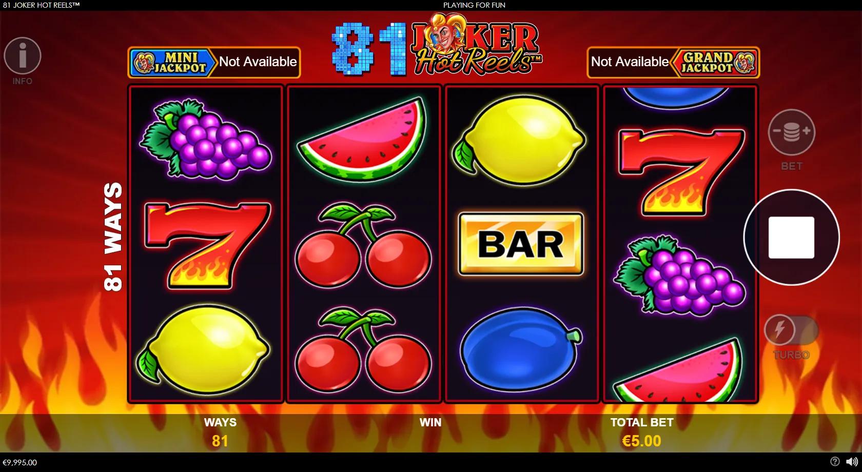 81 Joker Hot Reels slot: fiery 4x3 classic-fruit grid with a flaming 7, BAR, fruit symbols and a Joker wild