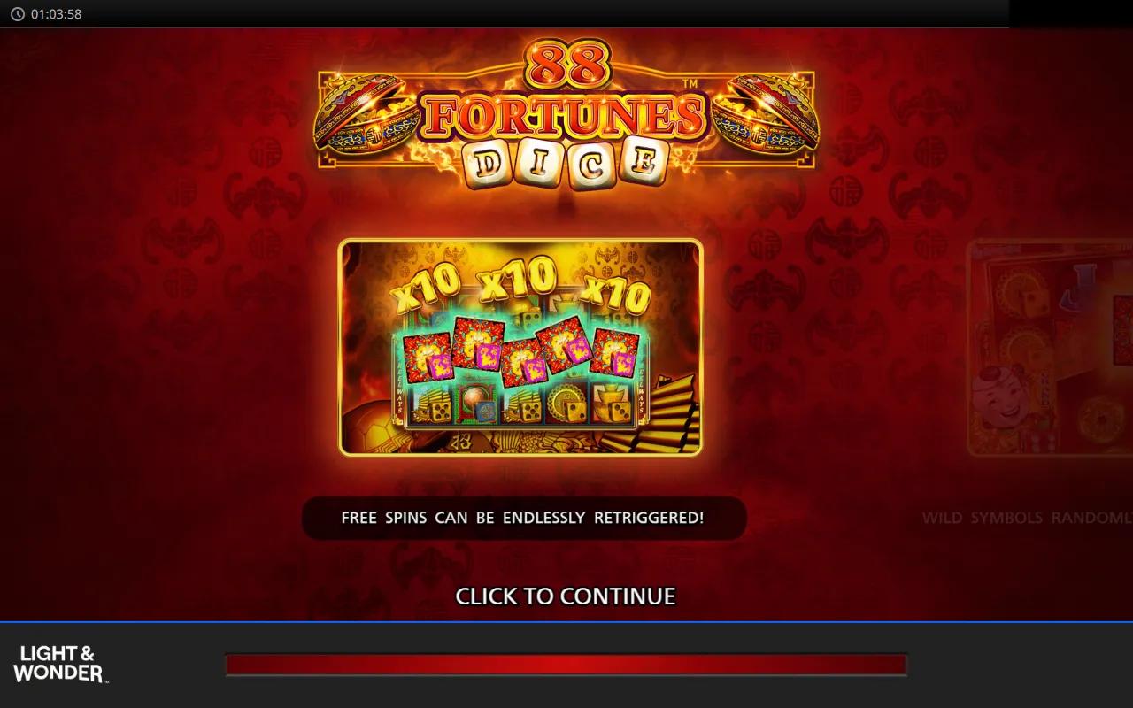88 Fortunes Dice gameplay showing red and gold Lunar New Year reels with dice-faced premium symbols and jackpot ladder