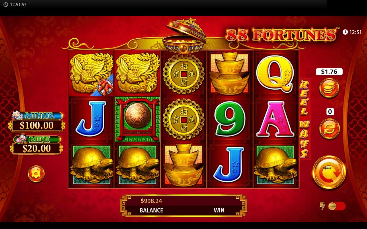 88 Fortunes Jackpot Festival gameplay showing 5x3 grid with Phoenix and Coin medallion symbols and MINI/MINOR jackpot meters