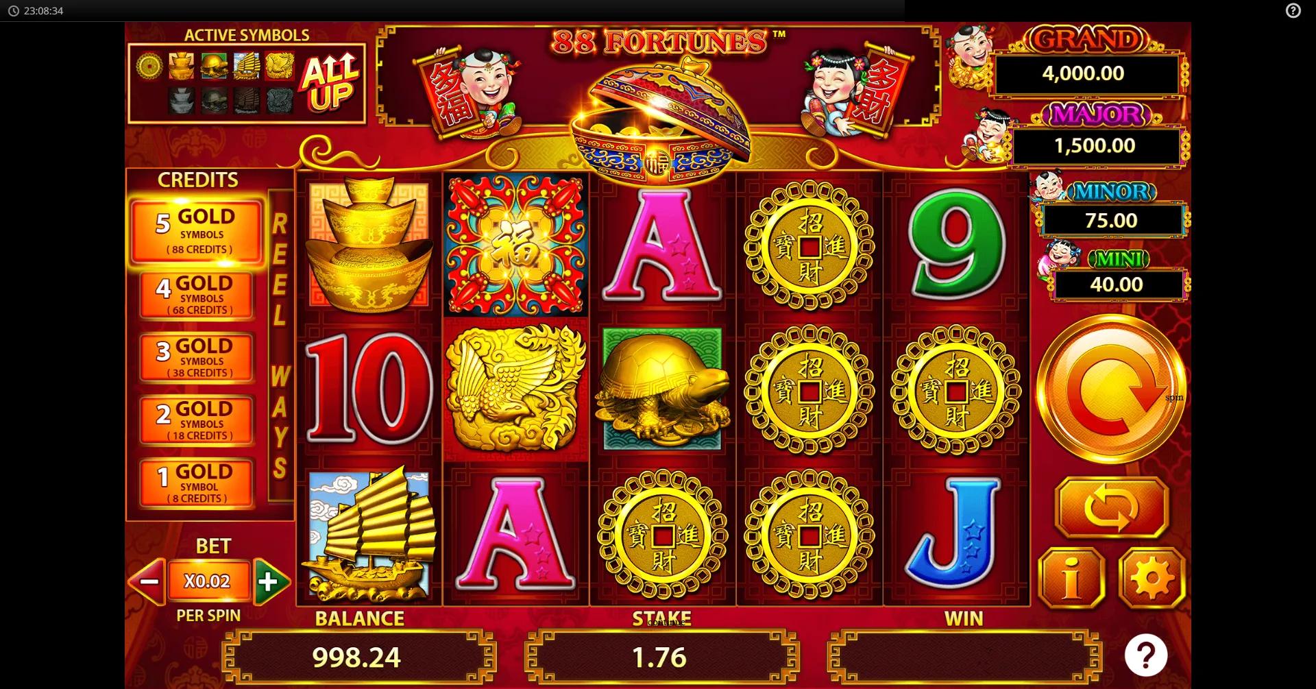 88 Fortunes gameplay on 5x3 grid with gold ingots, golden turtle and royal card symbols across 243 ways to win.